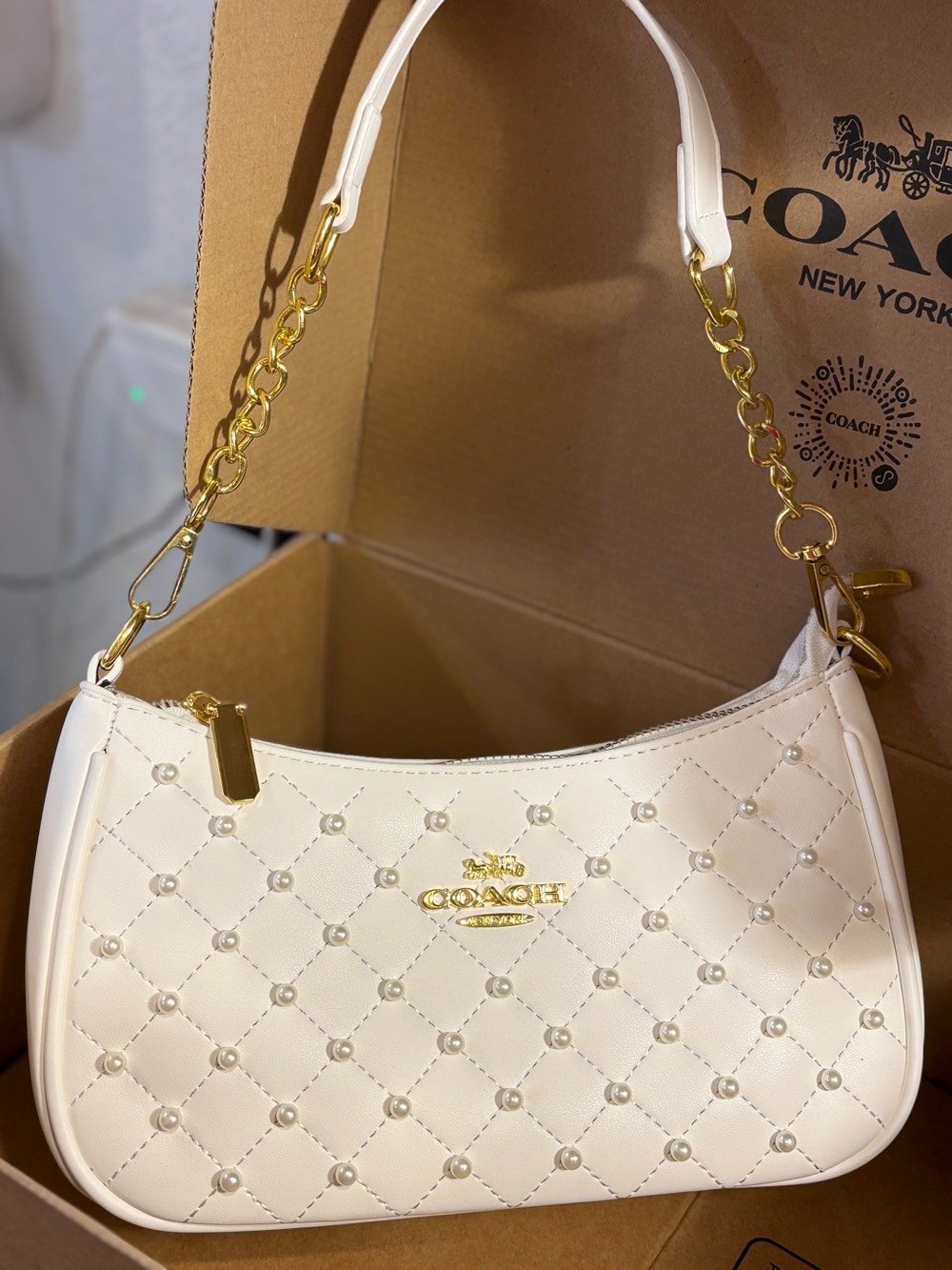 Coach Quilted Pearl-Accent Shoulder Bag in Cream and Gold